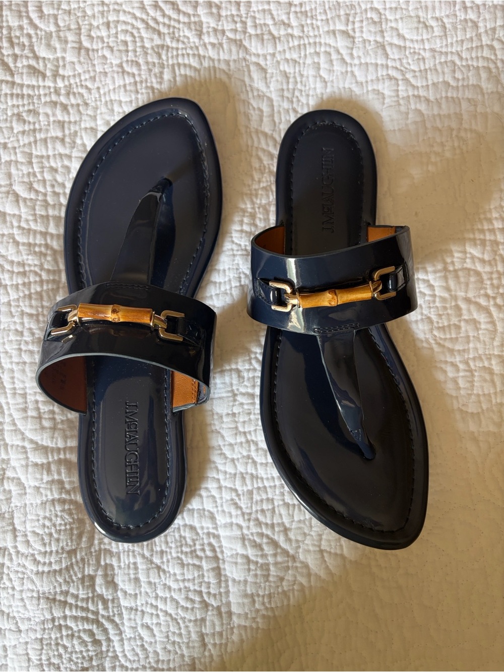J. McLaughlin Navy Patent Slide Sandals with Gold Accent